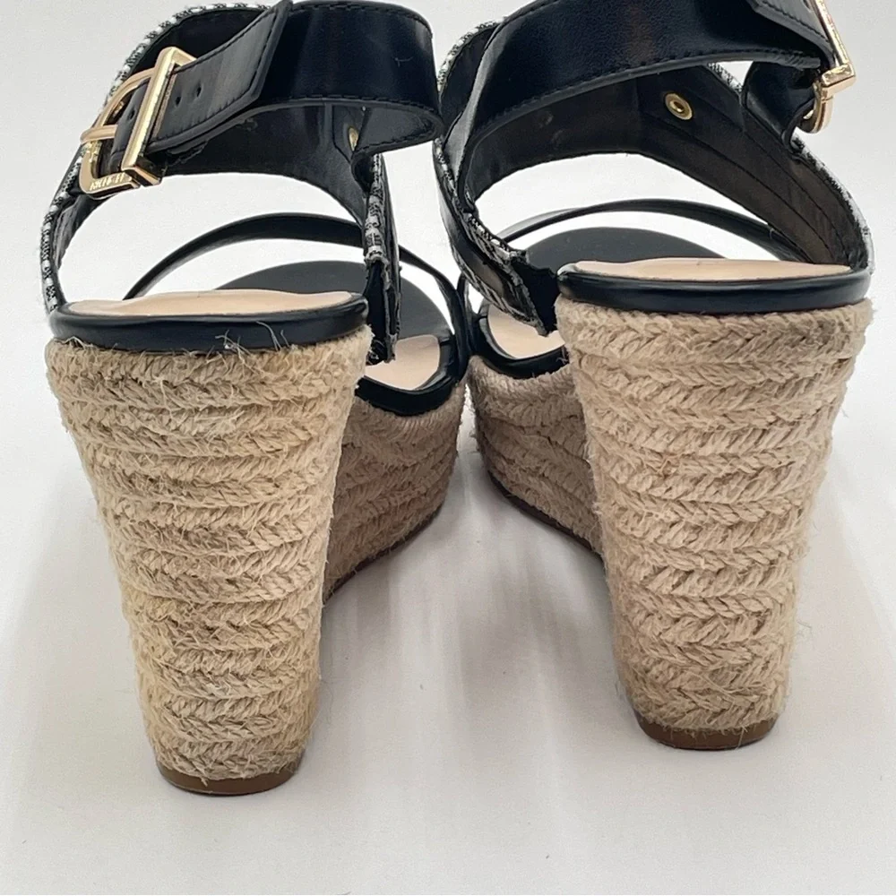 Womens Platform sandals 9.5 Black White wedges Gold Logo Tommy Hilfiger